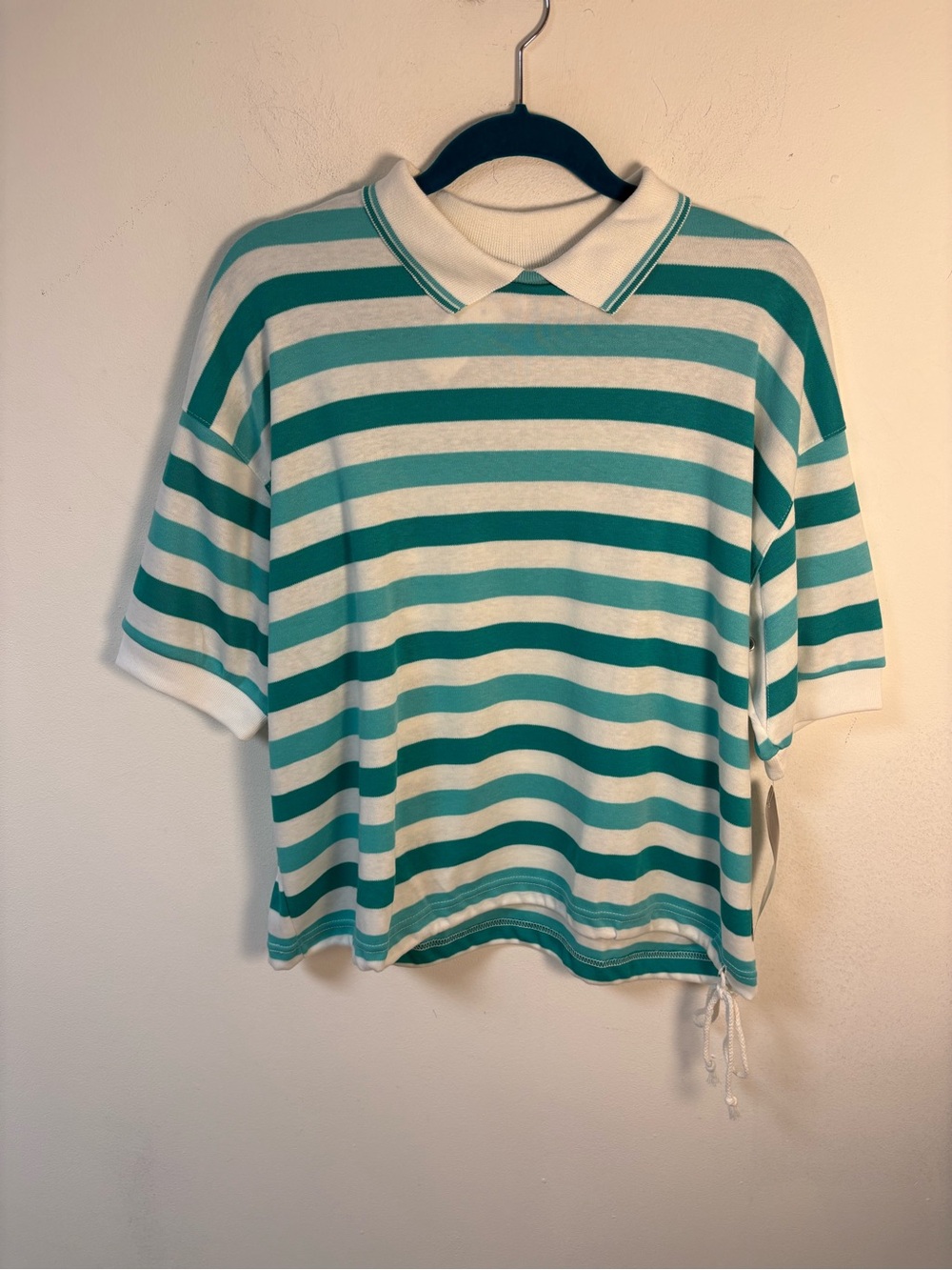 Jantzen Womens Striped Polo Tee in Teal and White Drawstring Hem XL NWT